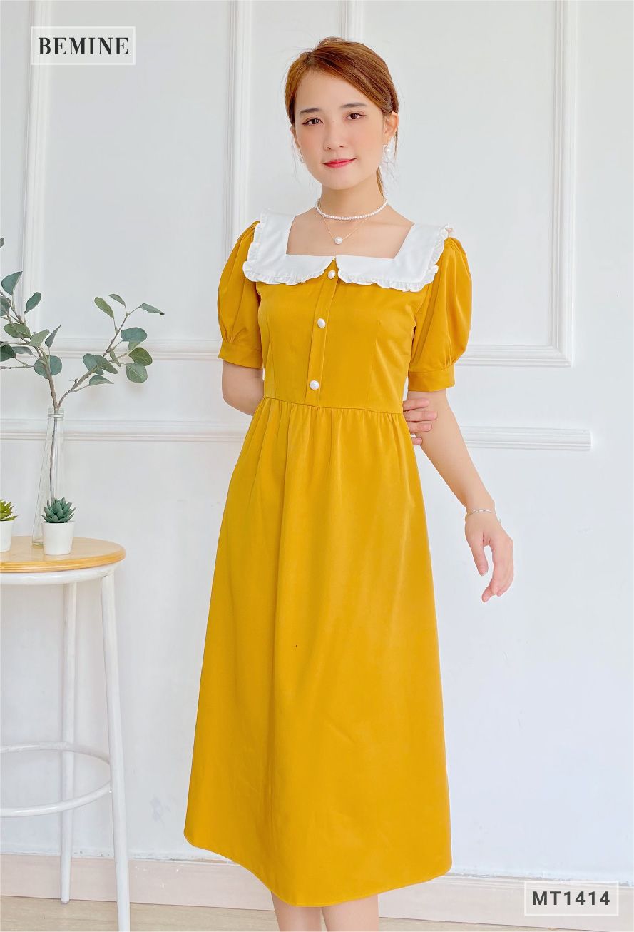 MT1414VANG - Đầm cổ vuông phối trắng