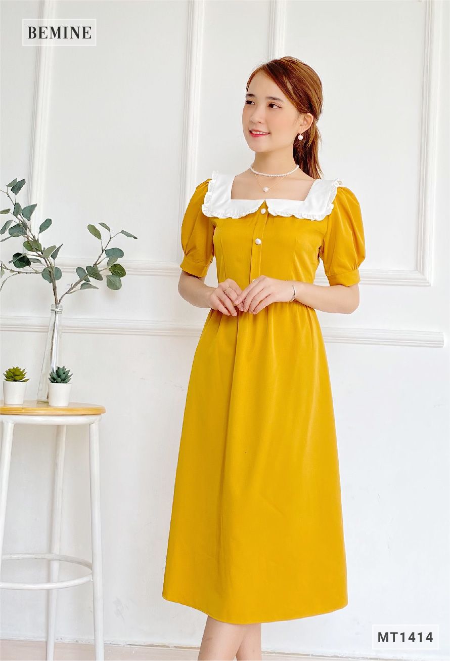 MT1414VANG - Đầm cổ vuông phối trắng