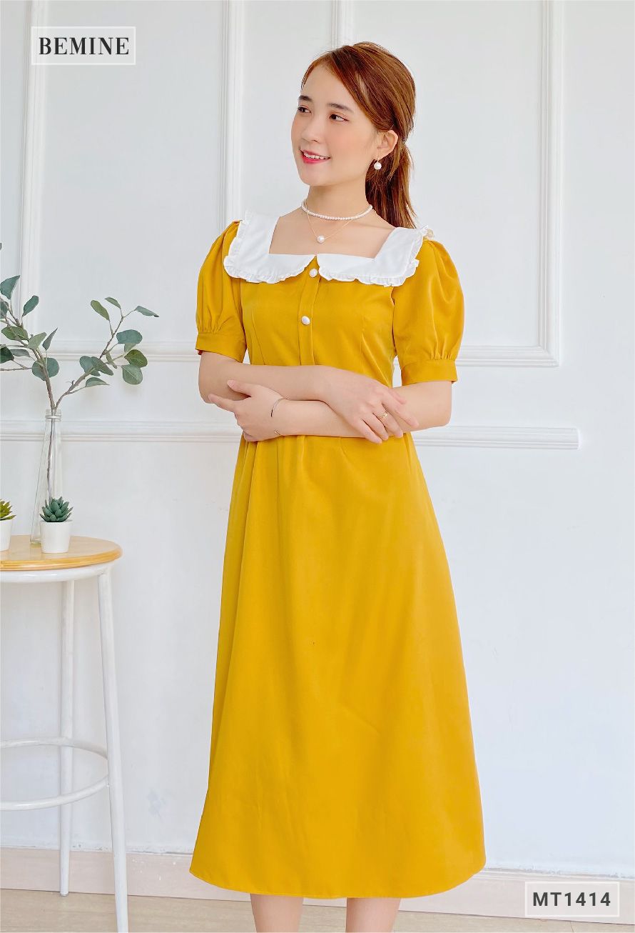 MT1414VANG - Đầm cổ vuông phối trắng