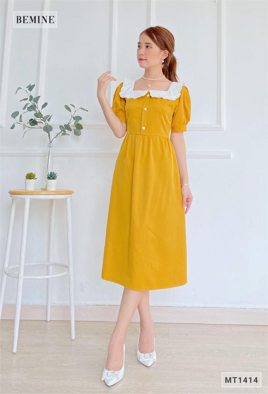MT1414VANG - Đầm cổ vuông phối trắng