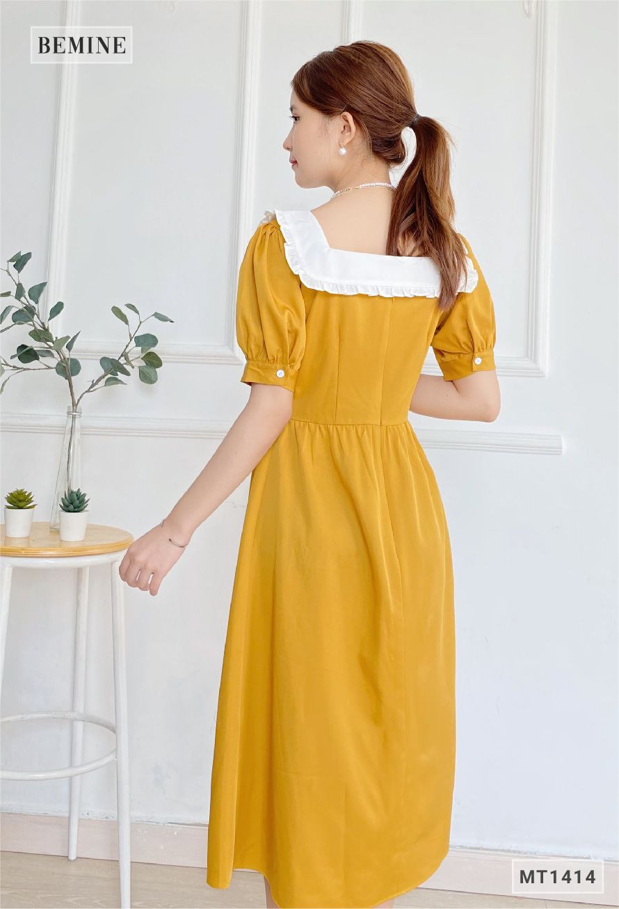MT1414VANG - Đầm cổ vuông phối trắng