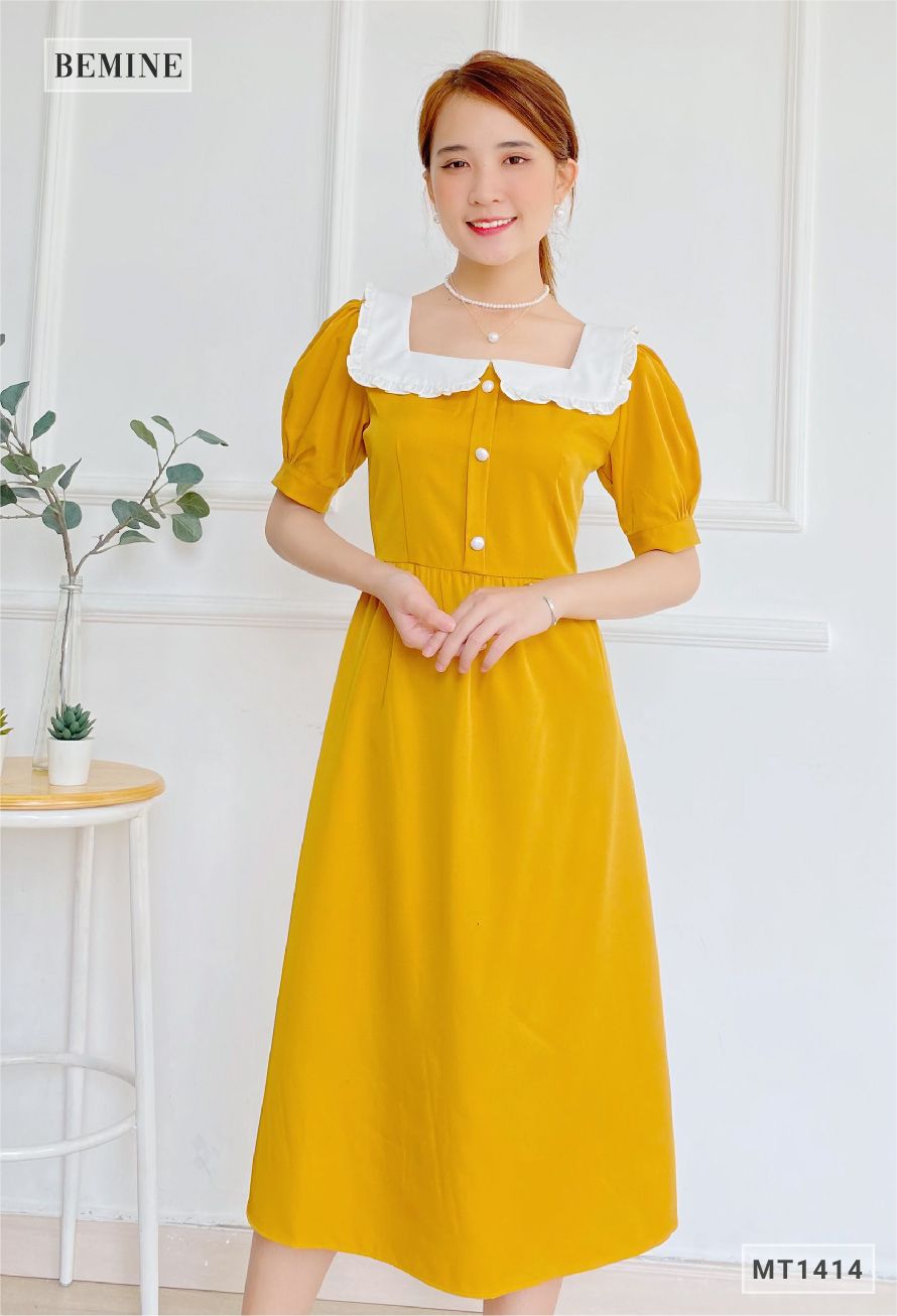 MT1414VANG - Đầm cổ vuông phối trắng