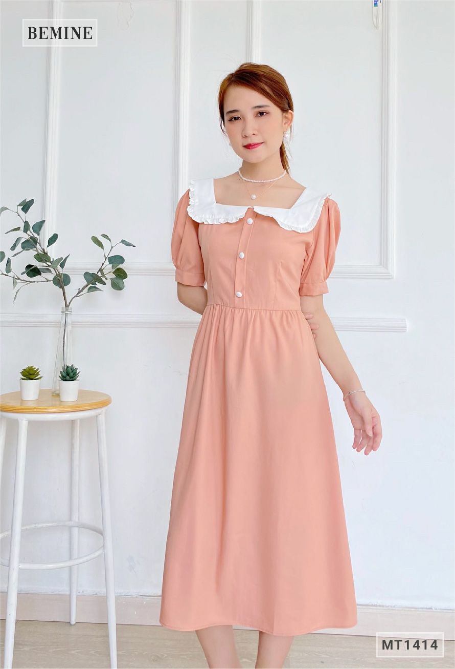 MT1414RUOC - Đầm cổ vuông phối trắng