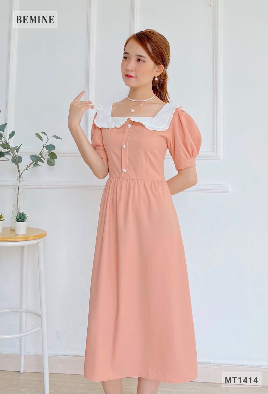 MT1414RUOC - Đầm cổ vuông phối trắng