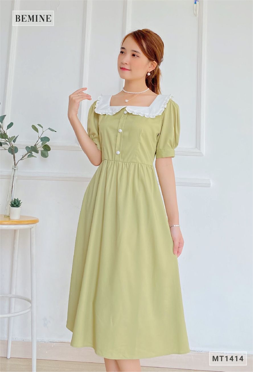 MT1414REU - Đầm cổ vuông phối trắng