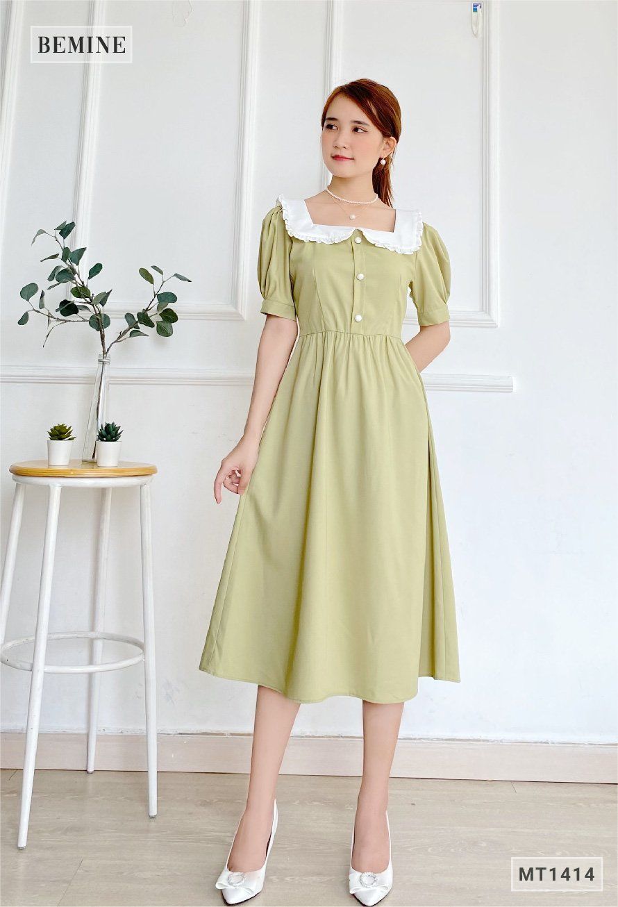 MT1414REU - Đầm cổ vuông phối trắng