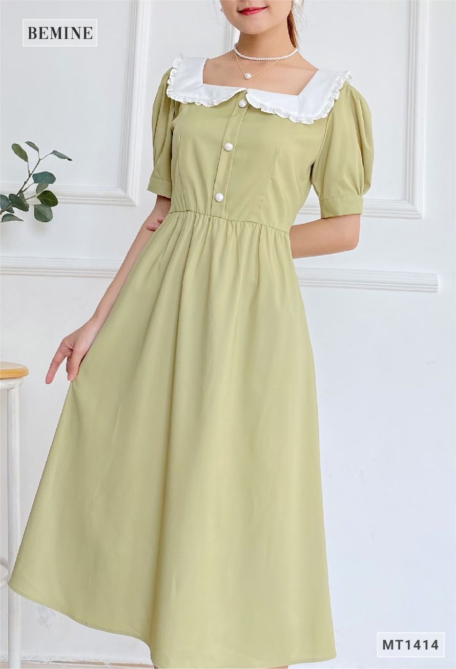 MT1414REU - Đầm cổ vuông phối trắng