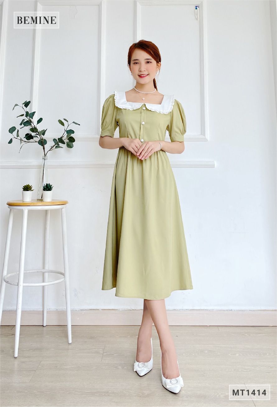 MT1414REU - Đầm cổ vuông phối trắng