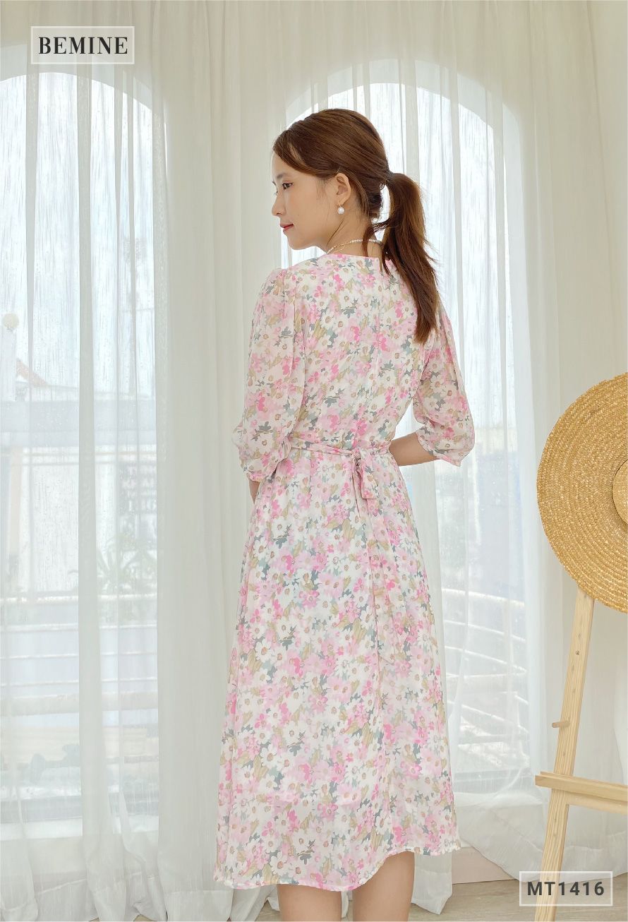 MT1416HONGSEN - Đầm hoa cổ đắp chéo cột eo
