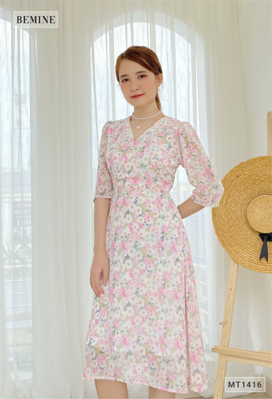 MT1416HONGSEN - Đầm hoa cổ đắp chéo cột eo