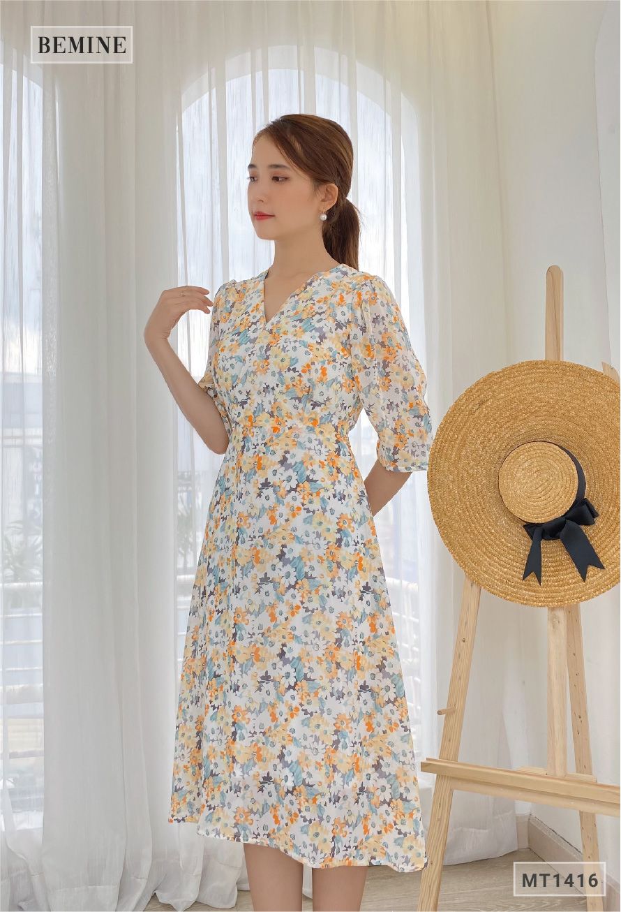 MT1416CAM - Đầm hoa cổ đắp chéo cột eo