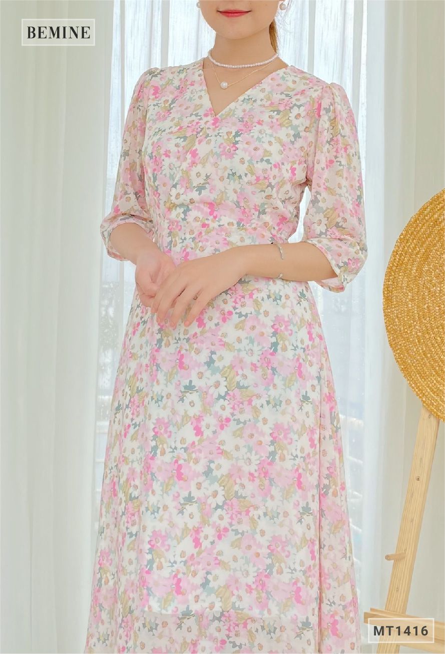 MT1416HONGSEN - Đầm hoa cổ đắp chéo cột eo