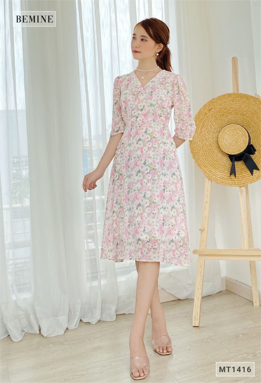 MT1416HONGSEN - Đầm hoa cổ đắp chéo cột eo