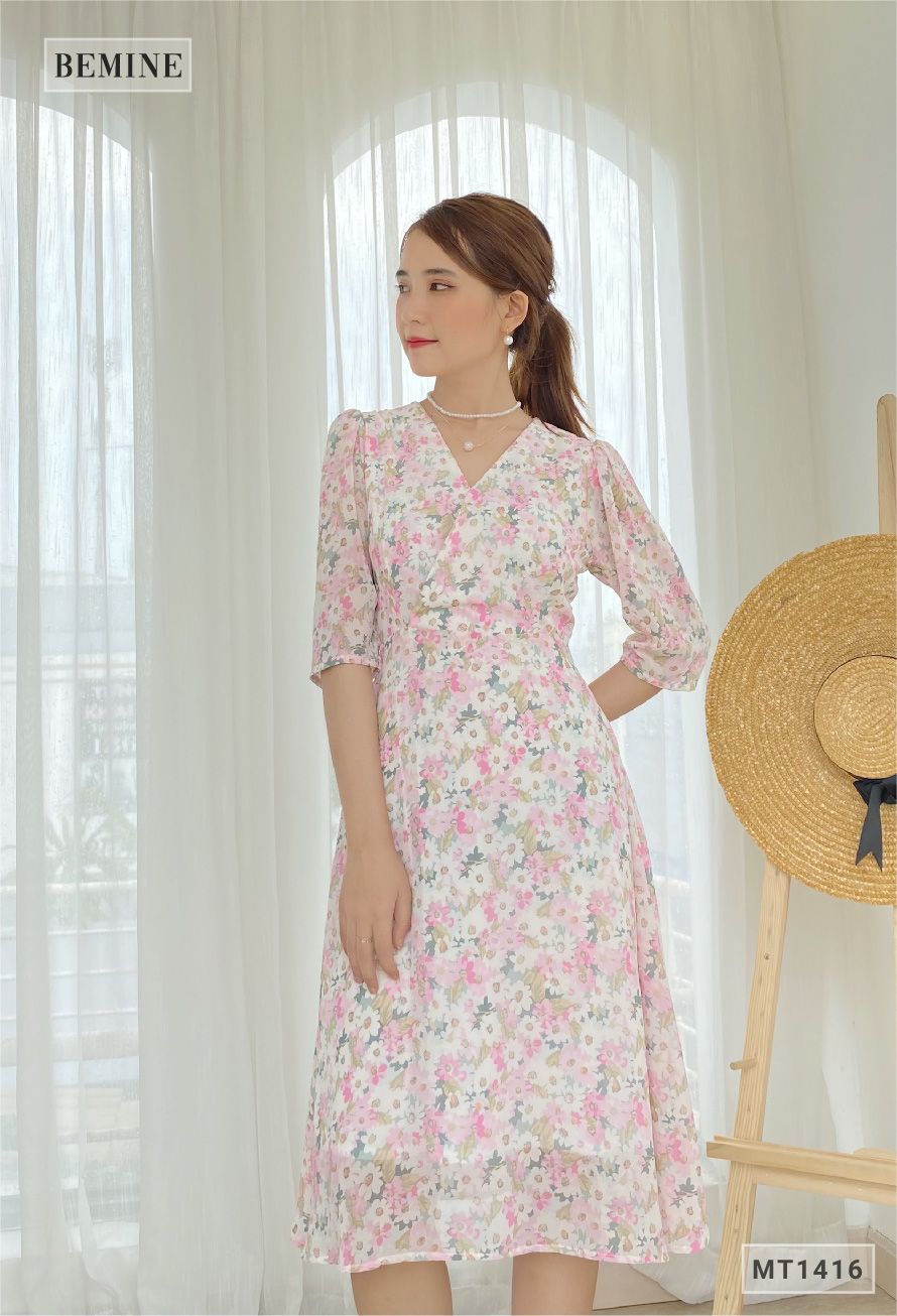 MT1416HONGSEN - Đầm hoa cổ đắp chéo cột eo
