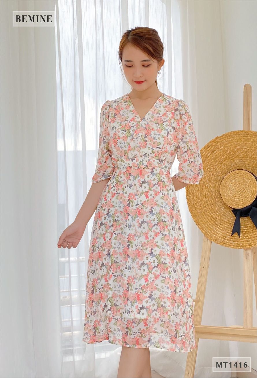 MT1416HONG - Đầm hoa cổ đắp chéo cột eo