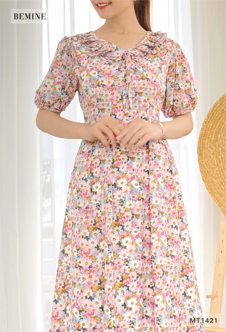 MT1421HONGSEN - Đầm hoa cổ tim có nơ