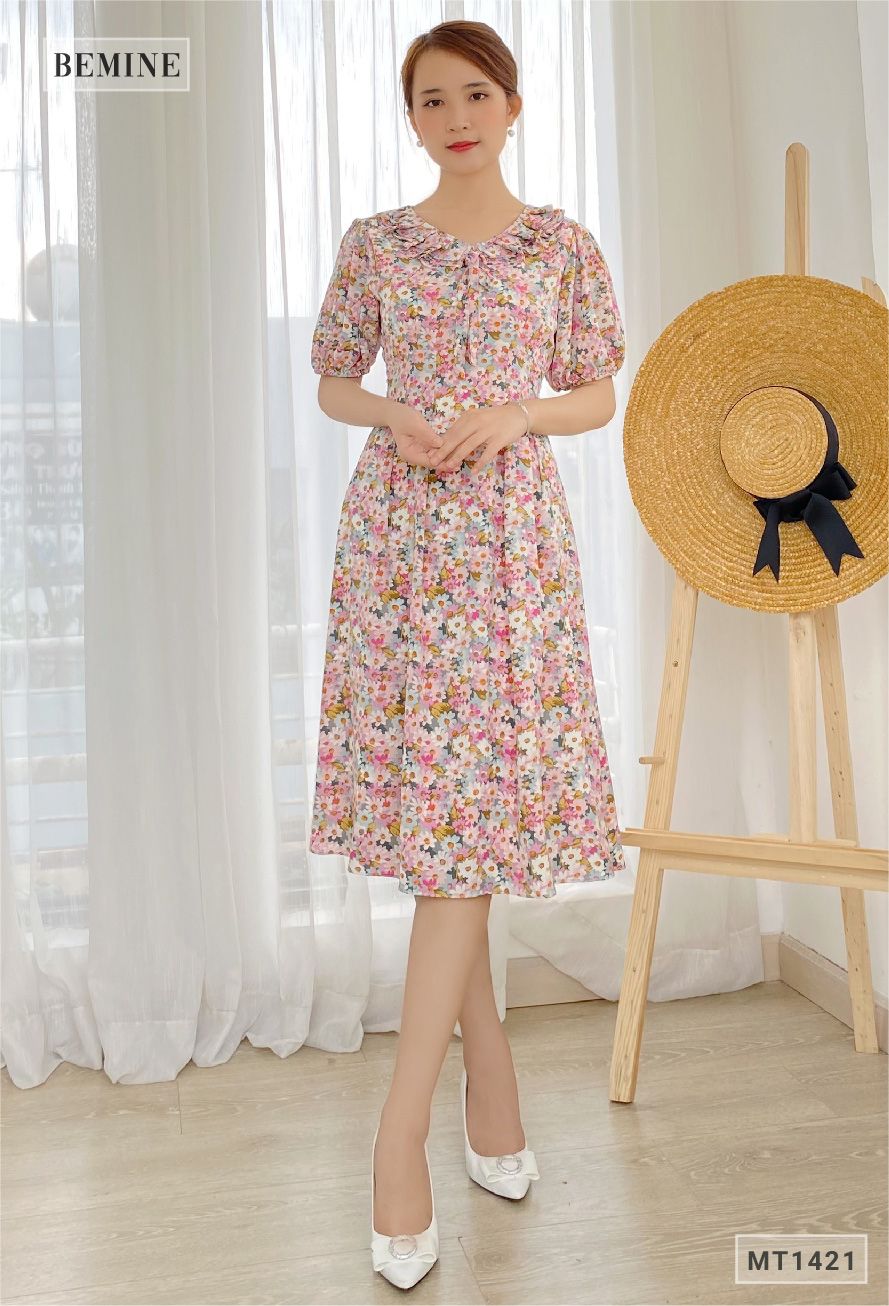 MT1421HONGSEN - Đầm hoa cổ tim có nơ