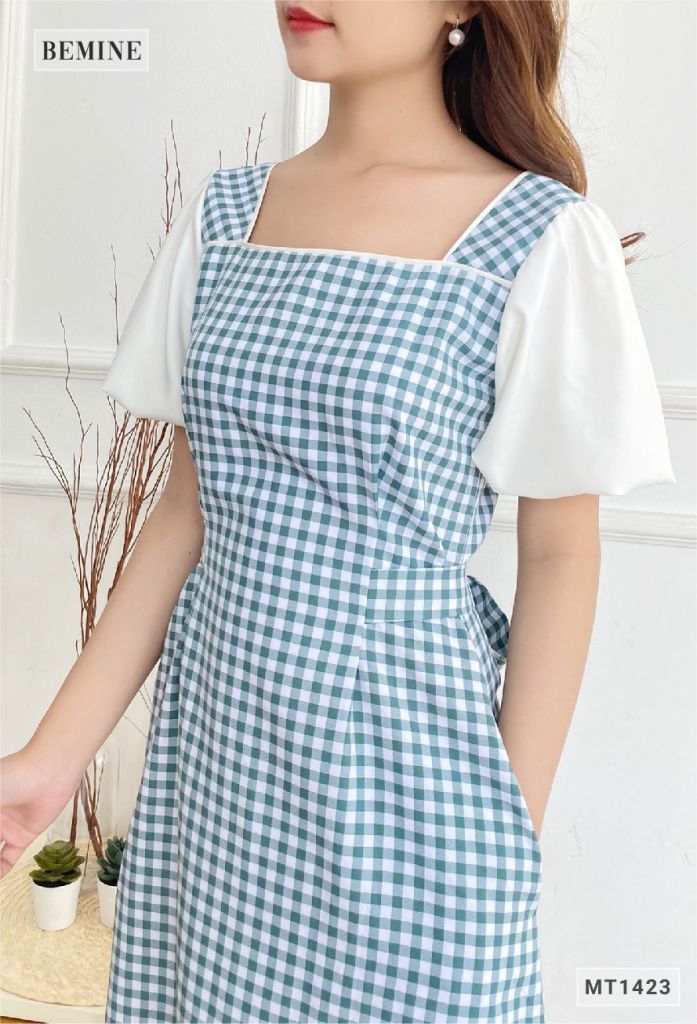 MT1423XANH - Đầm Caro tay phối dây eo