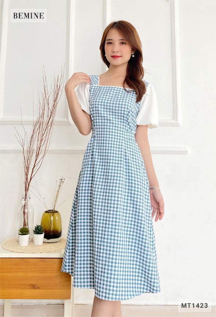 MT1423XANH - Đầm Caro tay phối dây eo