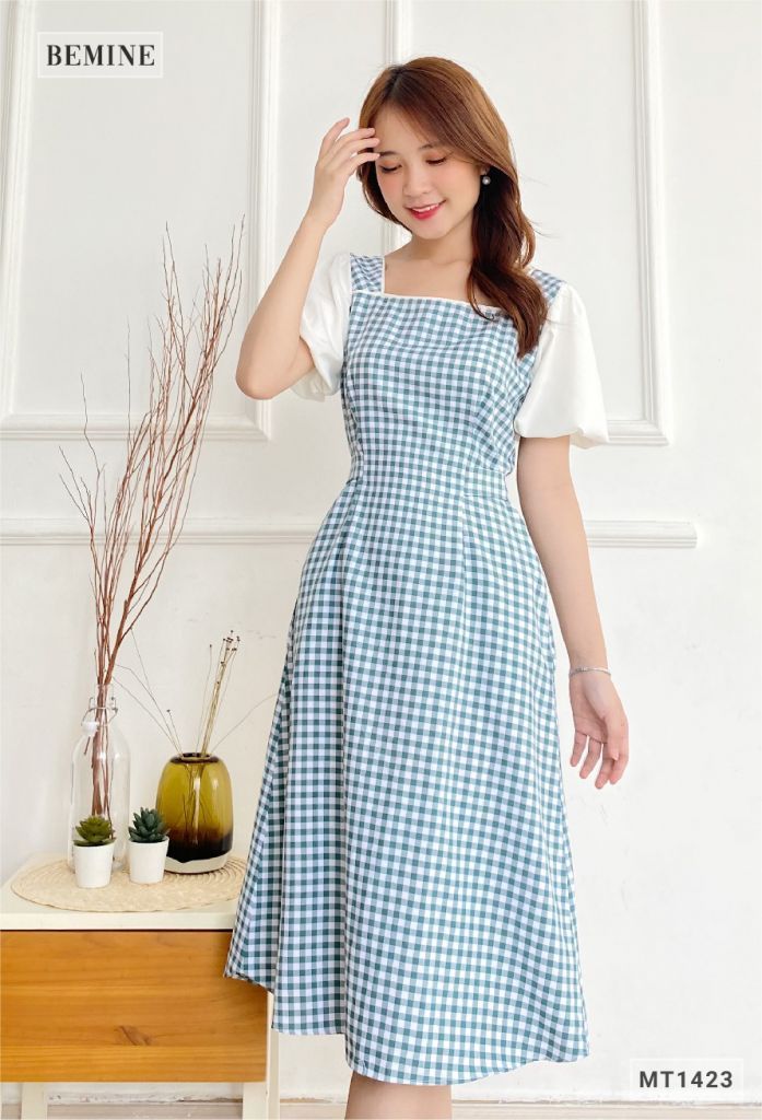 MT1423XANH - Đầm Caro tay phối dây eo