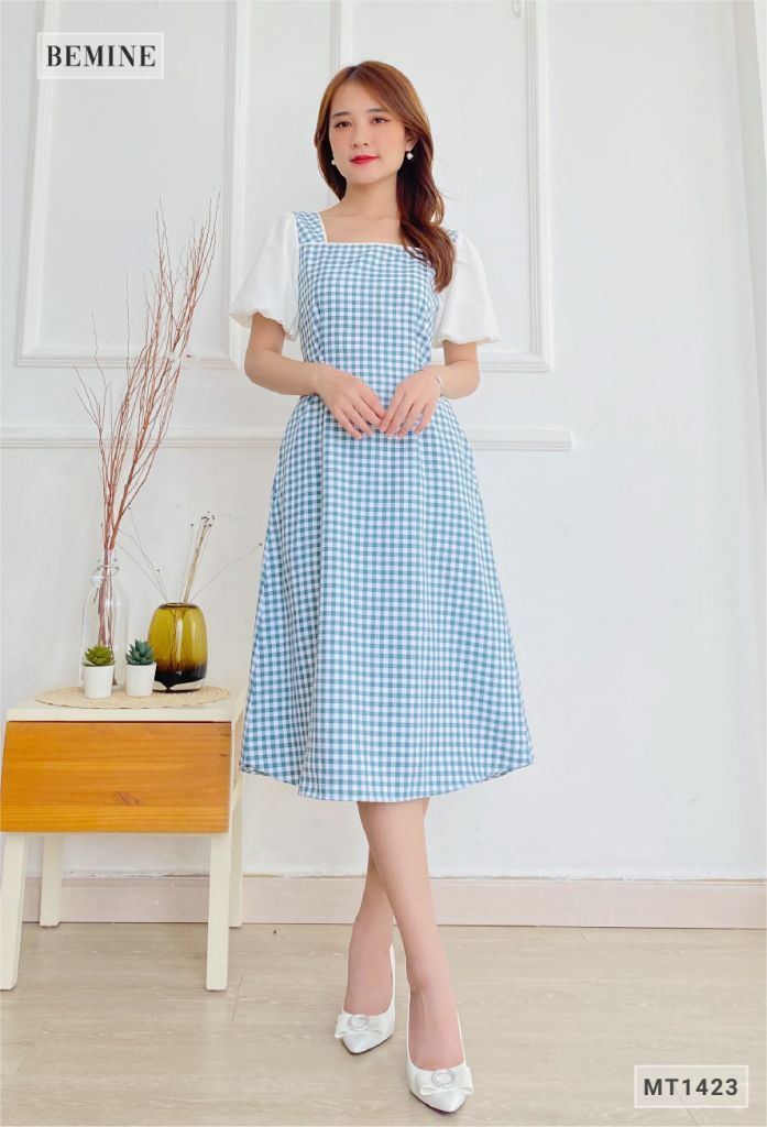 MT1423XANH - Đầm Caro tay phối dây eo