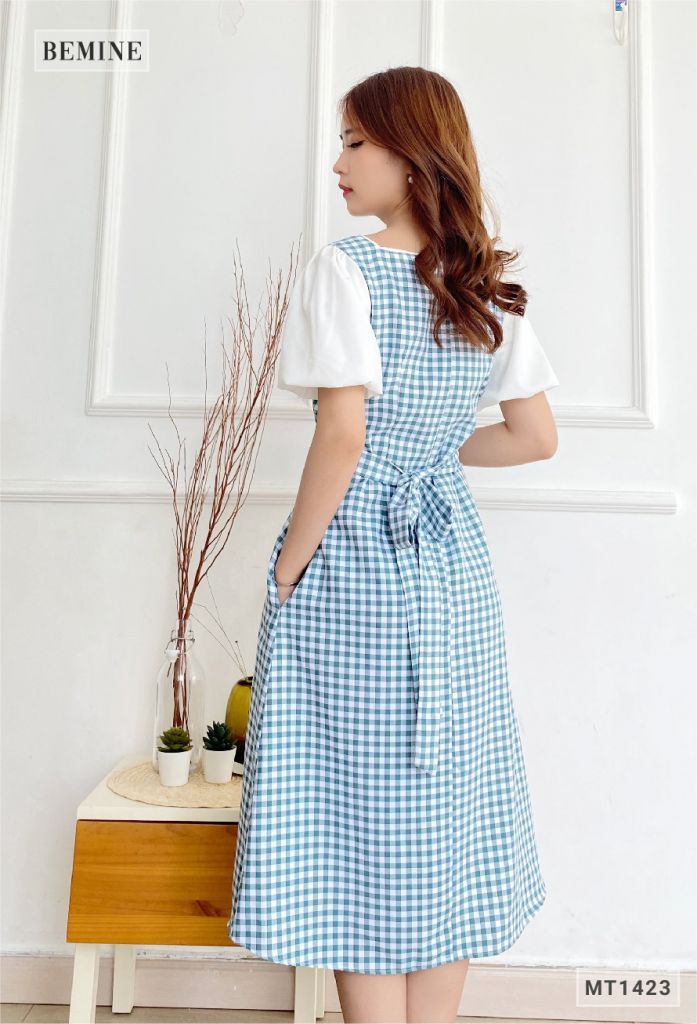 MT1423XANH - Đầm Caro tay phối dây eo