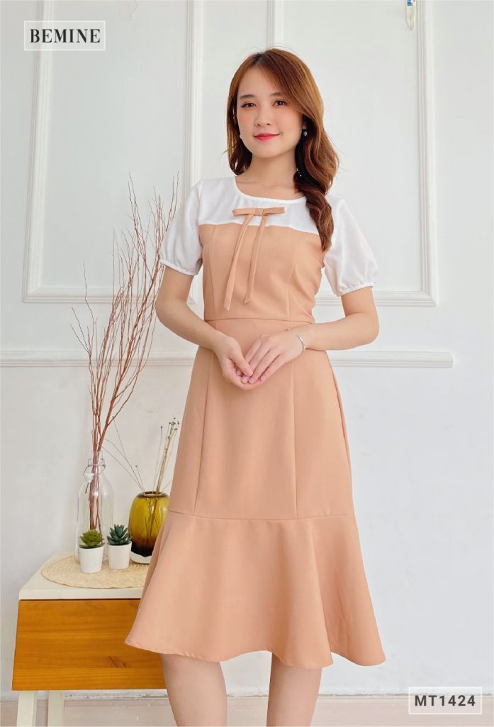 MT1424DA - Đầm nơ ngực phối trắng