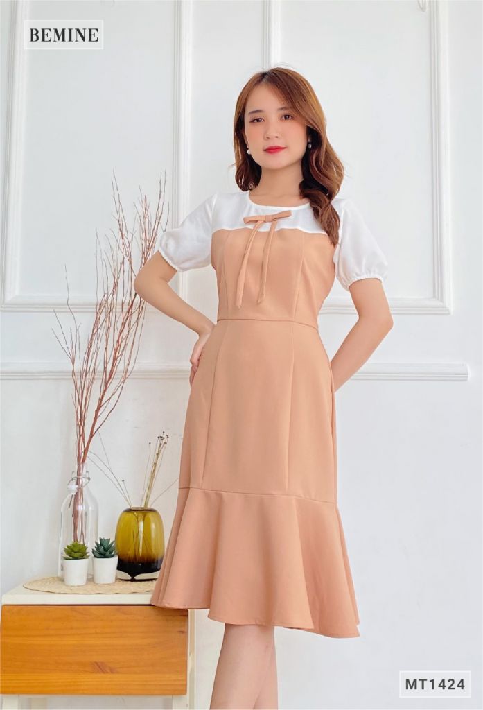 MT1424DA - Đầm nơ ngực phối trắng
