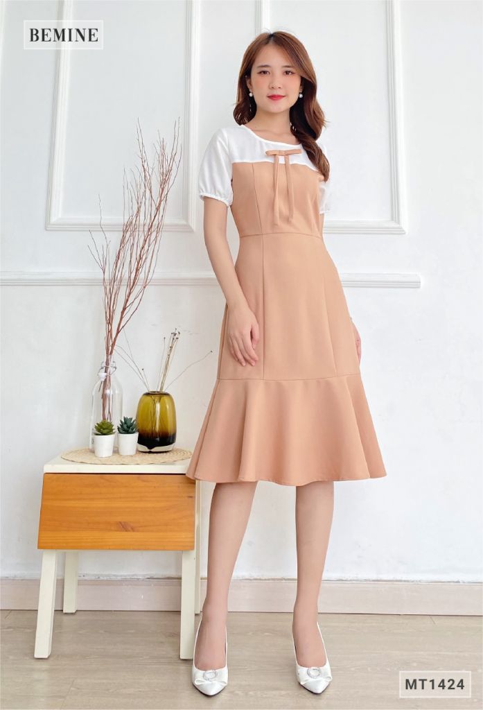 MT1424DA - Đầm nơ ngực phối trắng