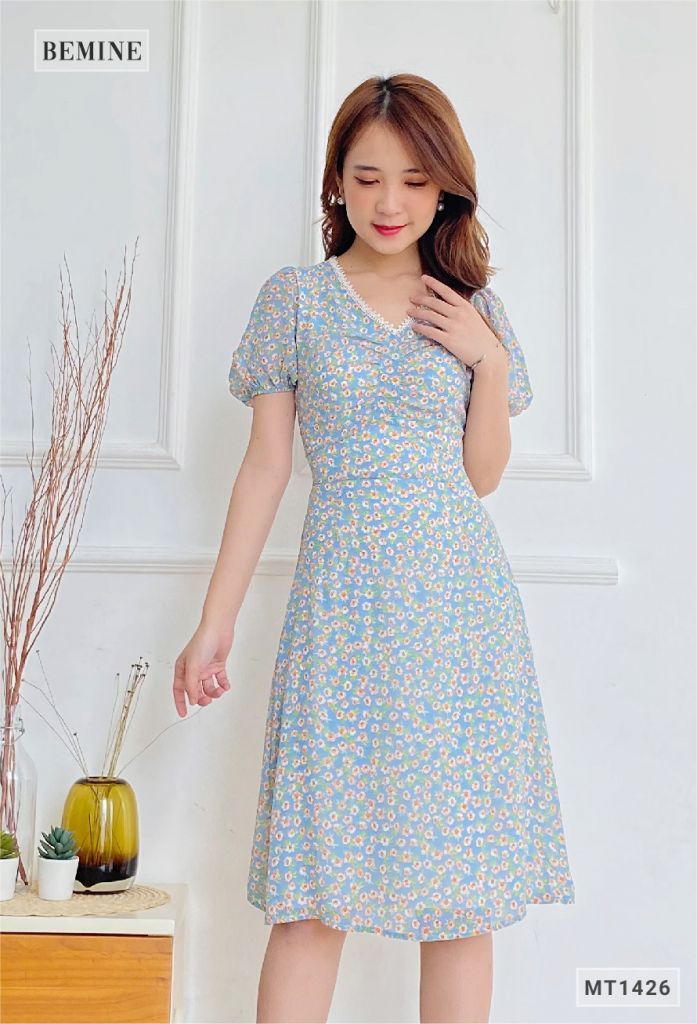 MT1426XANH - Đầm bông tay bí cổ ren