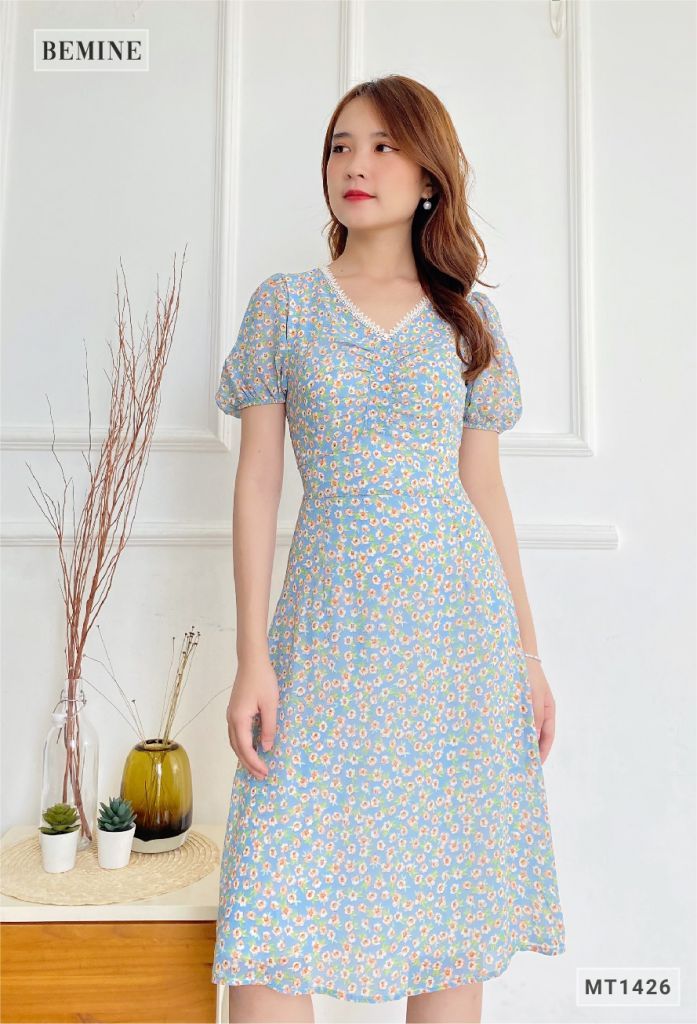 MT1426XANH - Đầm bông tay bí cổ ren