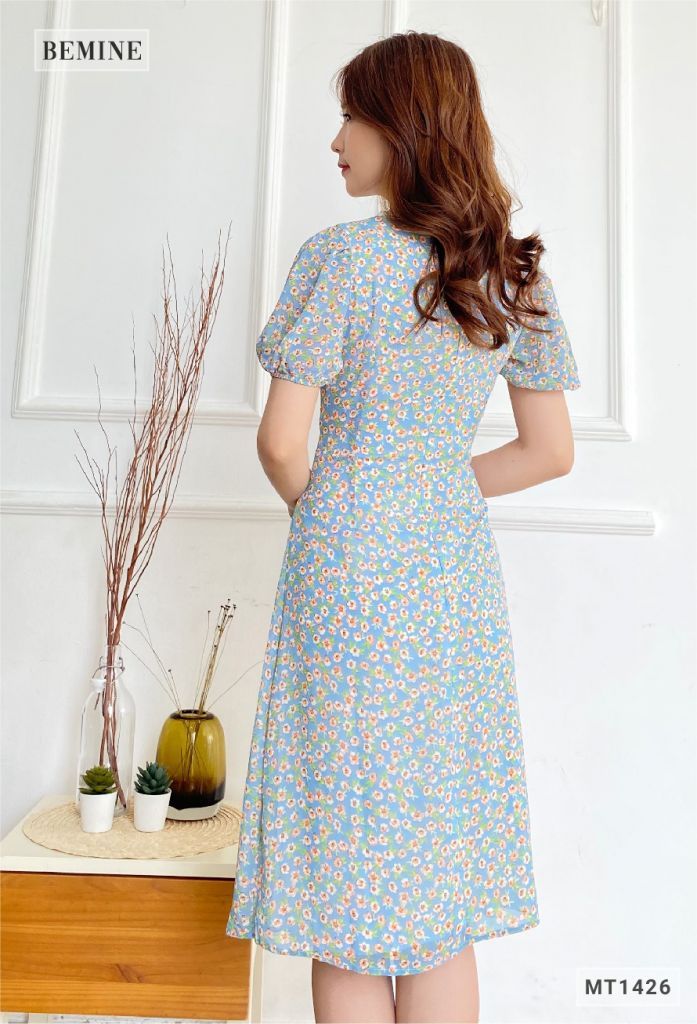 MT1426XANH - Đầm bông tay bí cổ ren