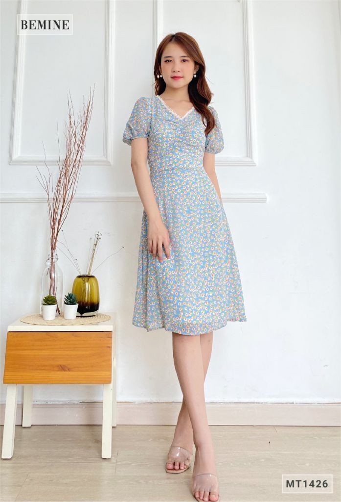 MT1426XANH - Đầm bông tay bí cổ ren