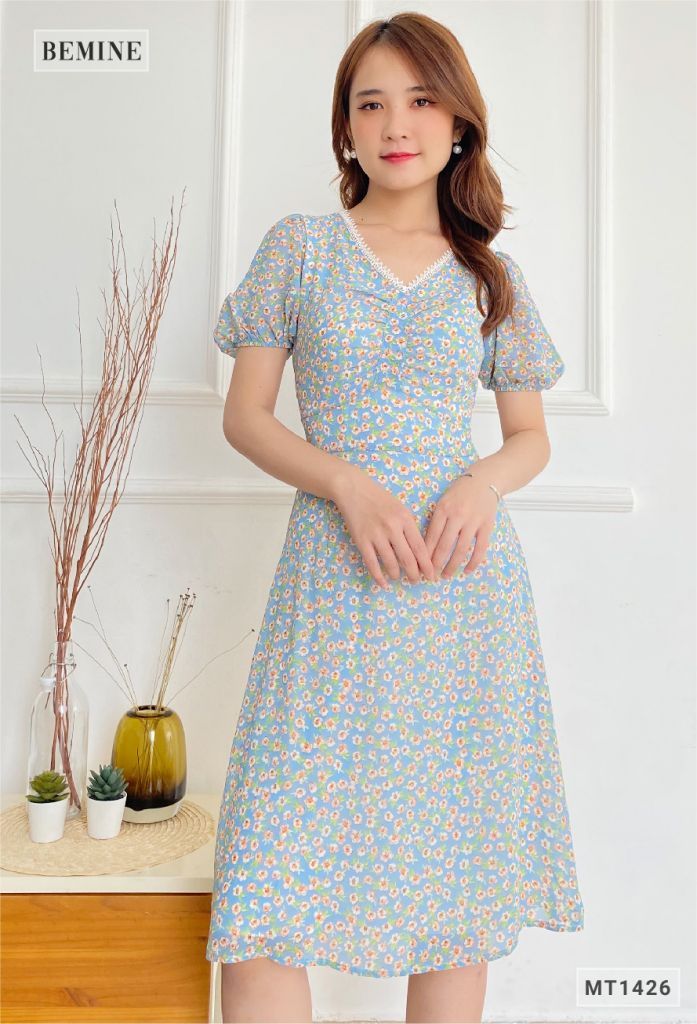 MT1426XANH - Đầm bông tay bí cổ ren