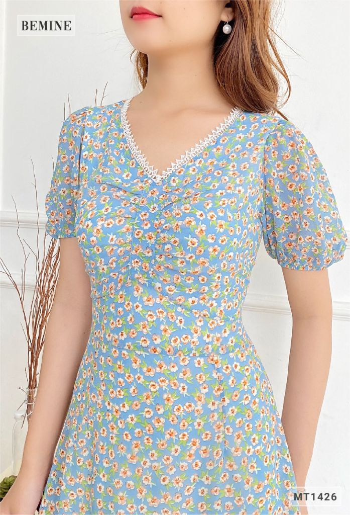 MT1426XANH - Đầm bông tay bí cổ ren