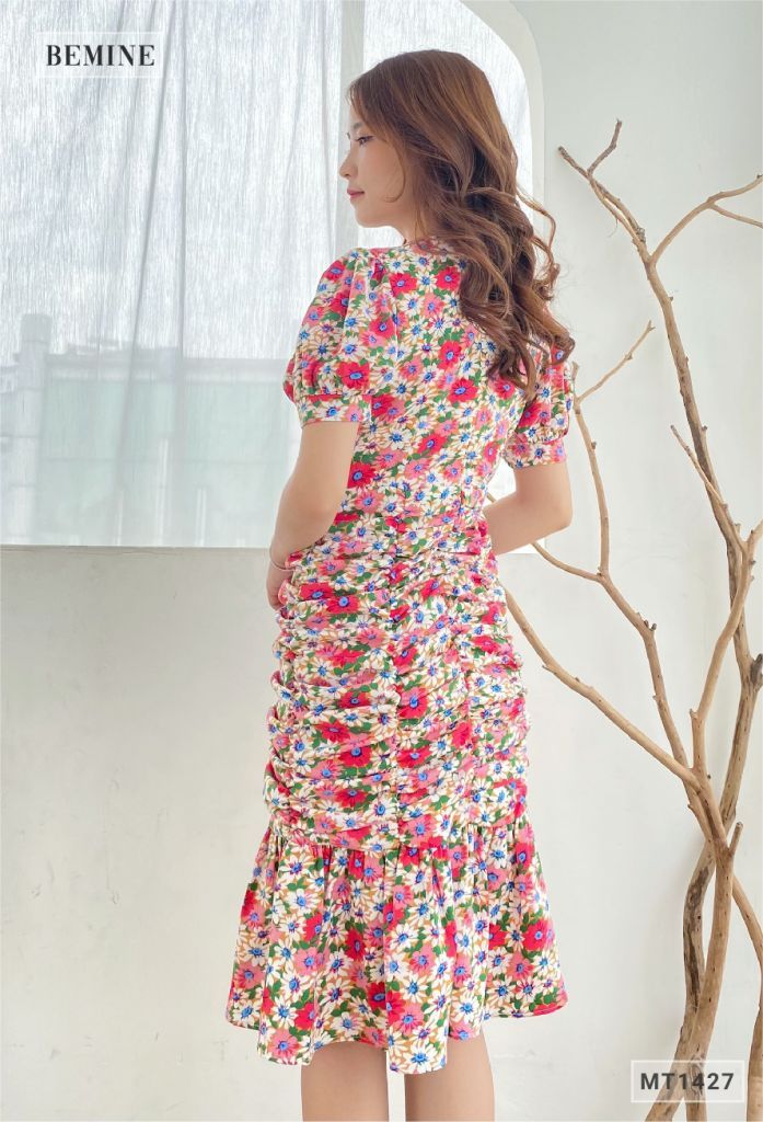 MT1427HONG - Đầm bông tay phồng nhún thân