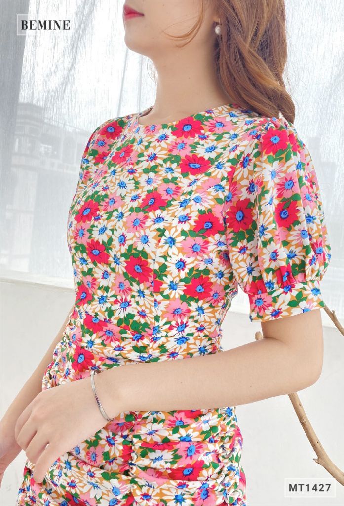 MT1427HONG - Đầm bông tay phồng nhún thân