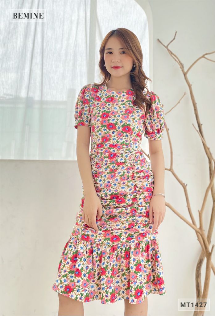 MT1427HONG - Đầm bông tay phồng nhún thân