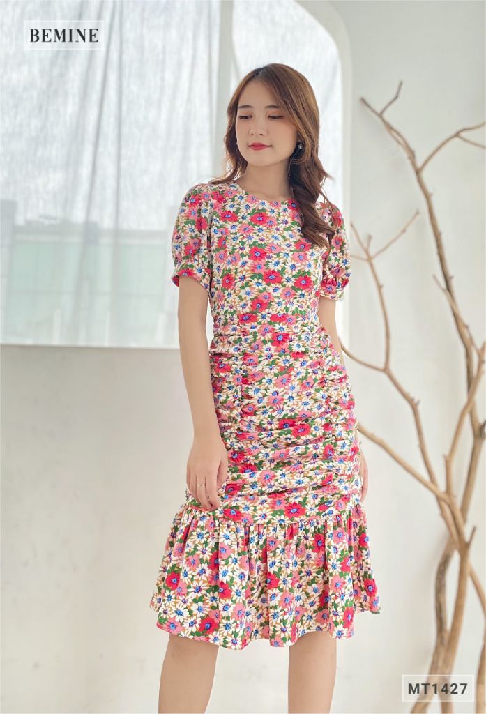 MT1427HONG - Đầm bông tay phồng nhún thân