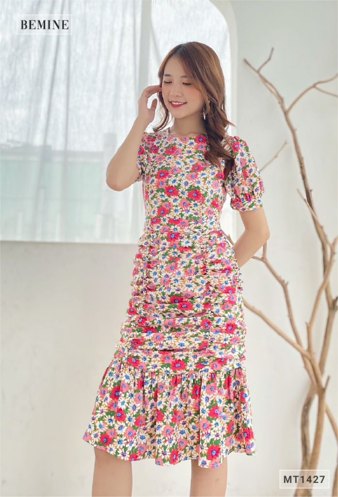 MT1427HONG - Đầm bông tay phồng nhún thân