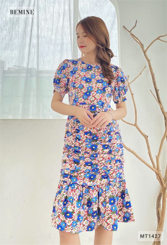 MT1427XANH - Đầm bông tay phồng nhún thân