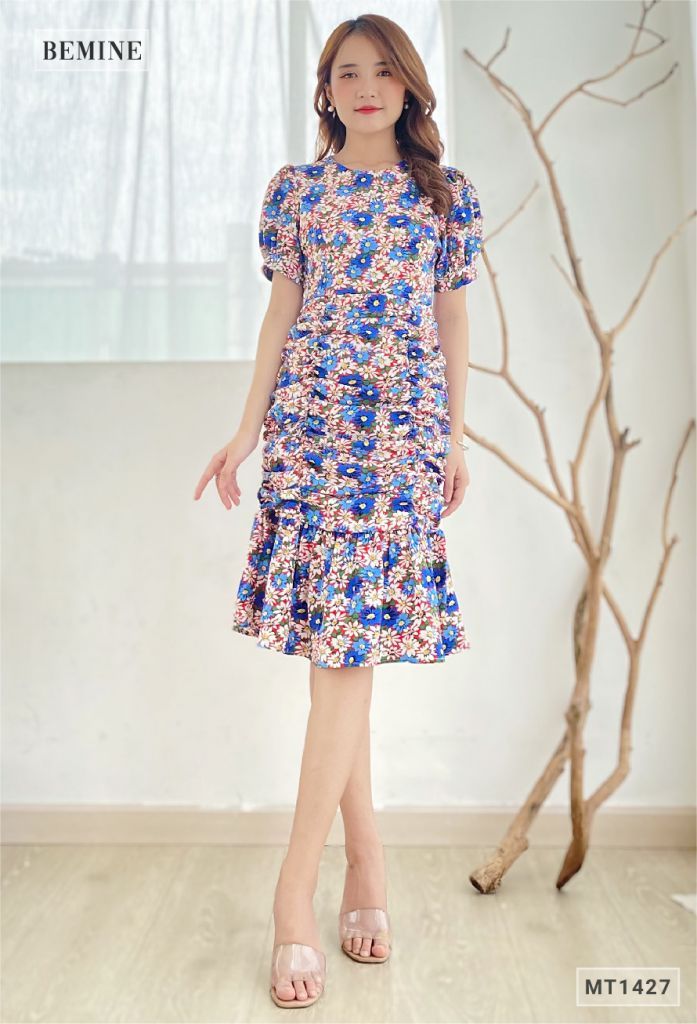 MT1427XANH - Đầm bông tay phồng nhún thân