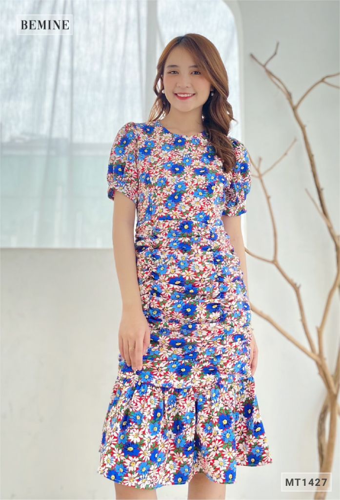 MT1427XANH - Đầm bông tay phồng nhún thân