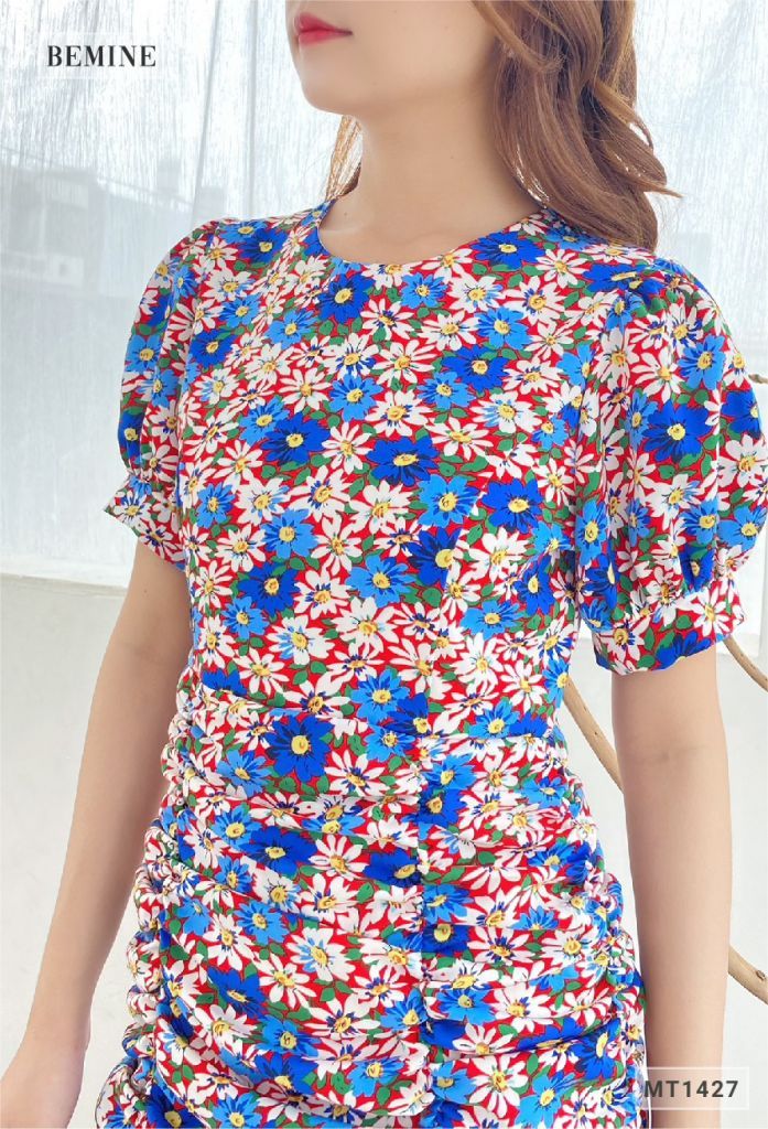 MT1427XANH - Đầm bông tay phồng nhún thân