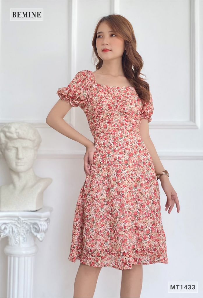 MT1433DO - Đầm bông tay bí nhún ngực