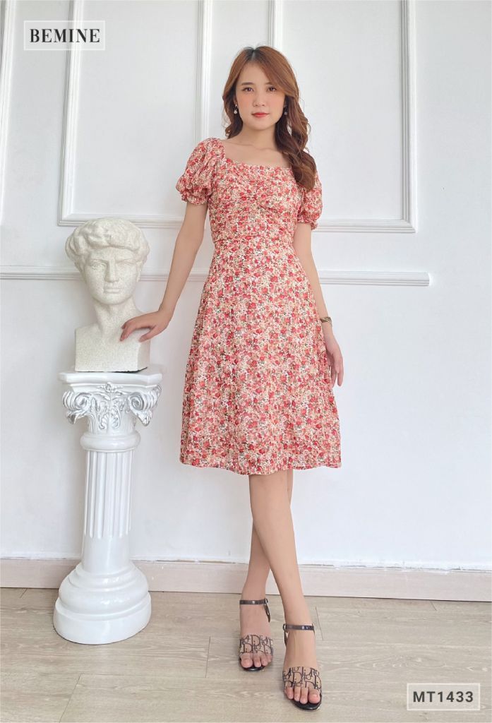MT1433DO - Đầm bông tay bí nhún ngực