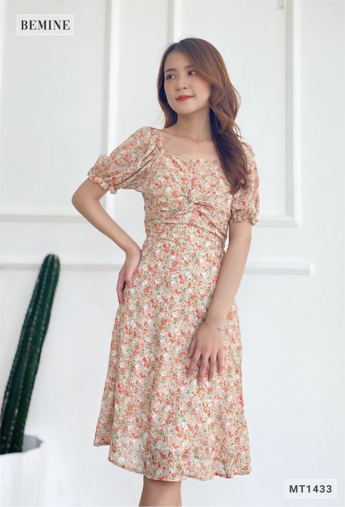 MT1433GACH - Đầm bông tay bí nhún ngực