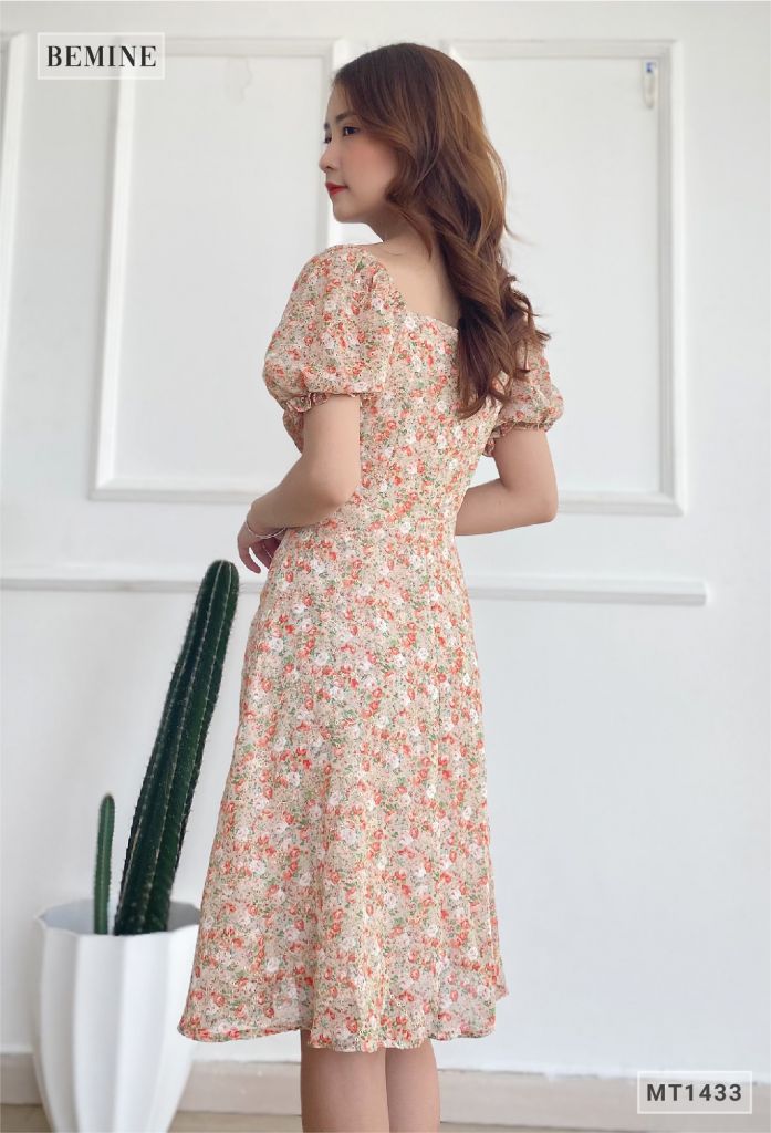 MT1433GACH - Đầm bông tay bí nhún ngực