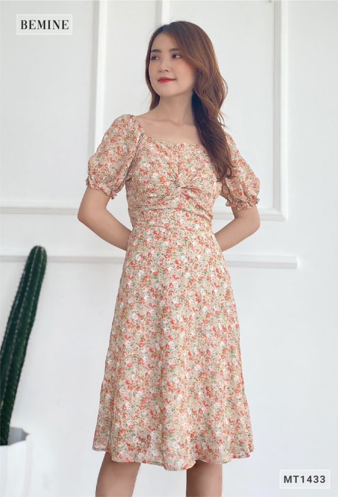 MT1433GACH - Đầm bông tay bí nhún ngực
