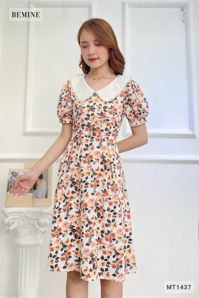 MT1437TRANG - Đầm hoa phối cổ ren trắng